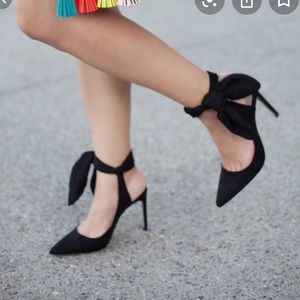 (New) Zara Black Suede Heels with tie bow